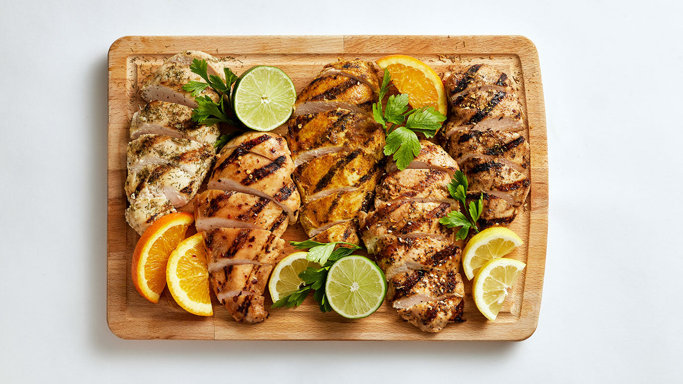 5 variations of grilled chicken breast with different marinades
