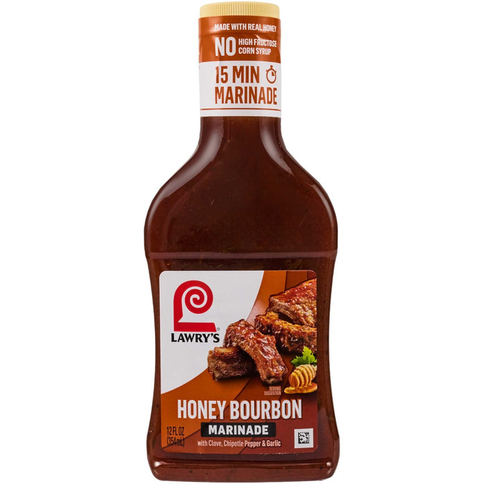A bottle of Lawry's Honey Bourbon Marinade is displayed, showcasing its use on ribs.