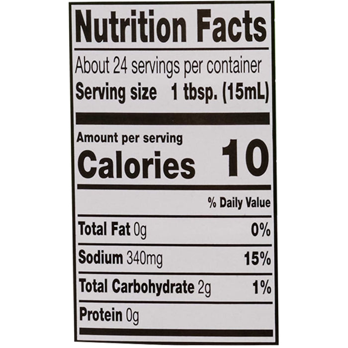Nutrition facts label showing that one tablespoon serving contains 10 calories, 0g of fat, 340mg of sodium, 2g of carbohydrates, and 0g of protein.