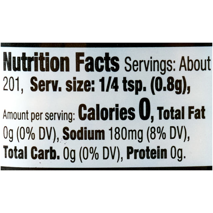 The image shows a nutrition facts label with a serving size of 1/4 teaspoon (0.8g) and 0 calories.