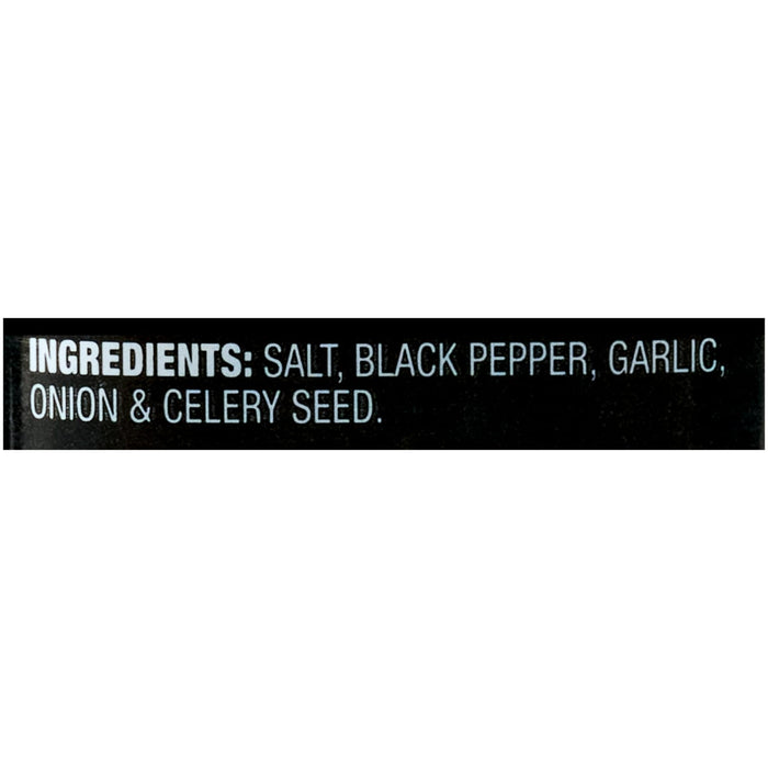 The image displays a list of ingredients: salt, black pepper, garlic, onion, and celery seed.