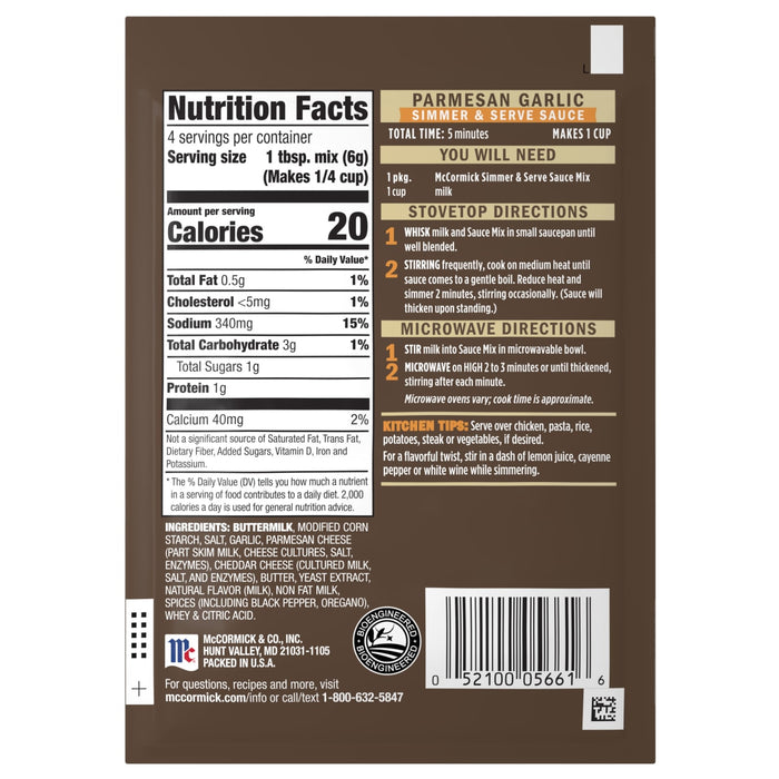 McCormick Parmesan Garlic Simmer & Serve Sauce Mix package with nutrition facts and directions.