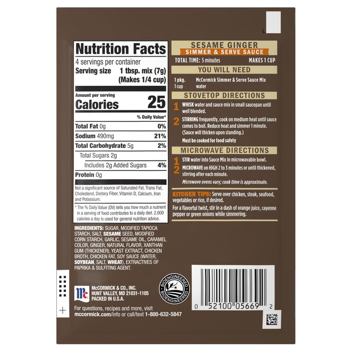 McCormick Sesame Ginger Simmer & Serve Sauce Mix package with nutrition facts and directions.