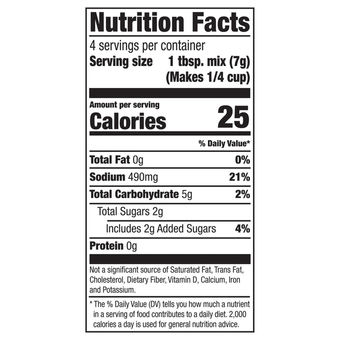 Nutrition facts label for a product with 25 calories per serving.