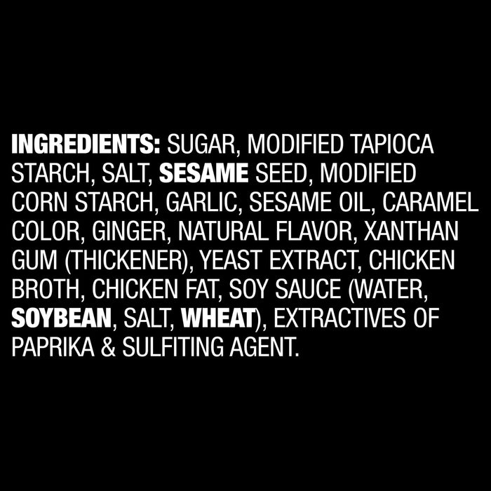 A list of ingredients for a product, including sugar, modified tapioca starch, salt, sesame seed, modified corn starch, garlic, sesame oil, caramel color, ginger, natural flavor, xanthan gum, yeast extract, chicken broth, chicken fat, soy sauce, and wheat.