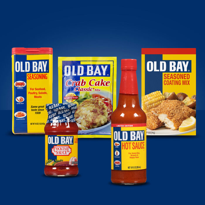 A collection of Old Bay products including seasoning crab cake mix hot sauce and cocktail sauce.