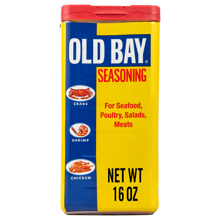 A yellow and blue can of Old Bay Seasoning with a red lid.