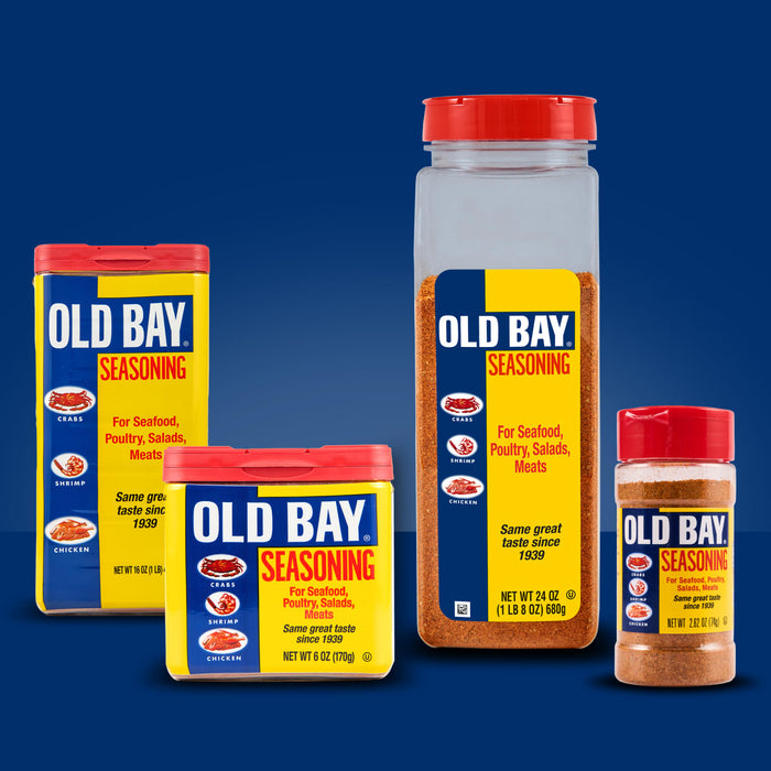 Four different sizes of Old Bay Seasoning.