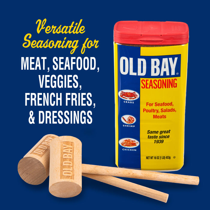 A can of Old Bay Seasoning with two wooden mallets.