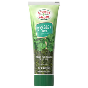 A tube of Gourmet Garden Parsley Paste, labeled as fresh for weeks and ready to use.