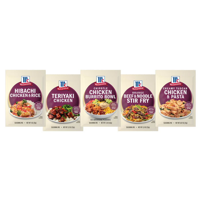 A gift box containing four McCormick Chicken Burrito Bowl seasoning packets.