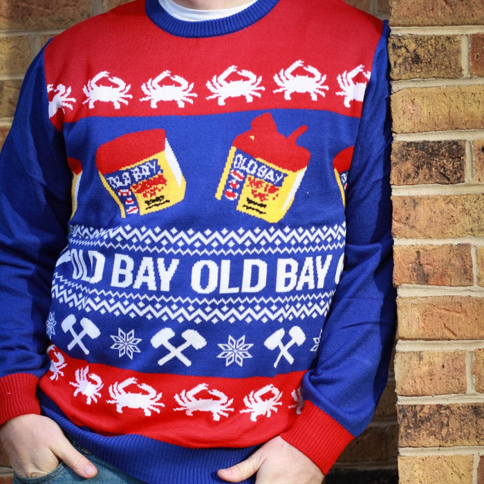 A person wearing a festive Old Bay seasoning themed sweater with crabs and spice containers.