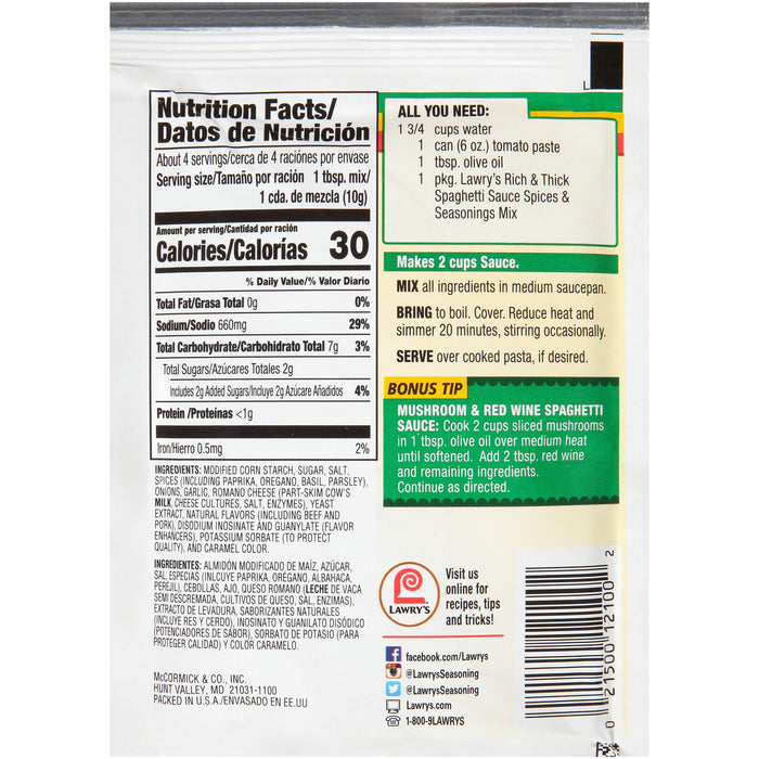 Lawry's® Extra Rich & Thick Spaghetti Mix, 1.42 oz (6-Pack)