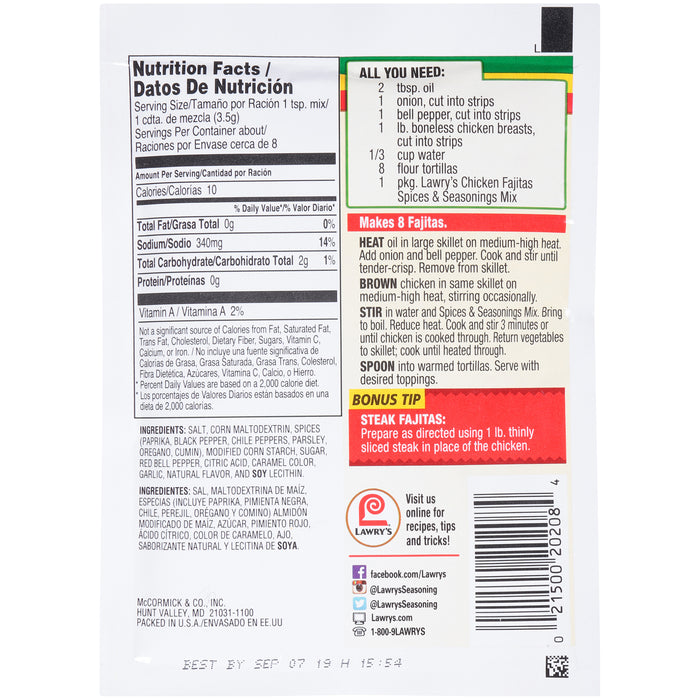 Lawry's® Chicken Fajita Seasoning Mix, 1 oz (6-Pack)