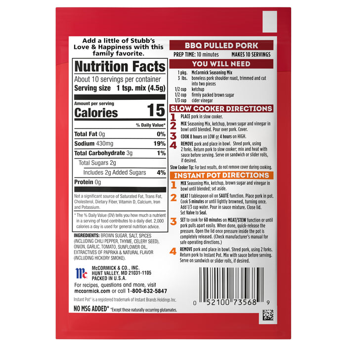 McCormick® Slow Cooker Barbecue Pulled Pork Seasoning Mix, 1.6 oz (6-Pack)