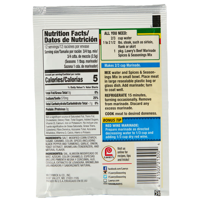 Lawry's® Tenderizing Beef Marinade Spices & Seasonings Mix, 1.06 oz