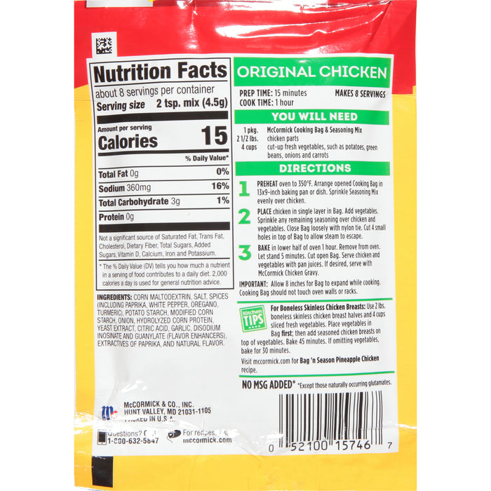 McCormick® Bag 'n Season® Original Chicken Cooking Bag & Seasoning Mix, 1.25 oz (6-Pack)