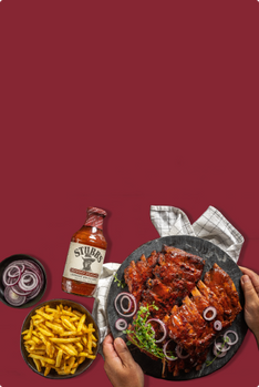 stubbs bottle and food on red background