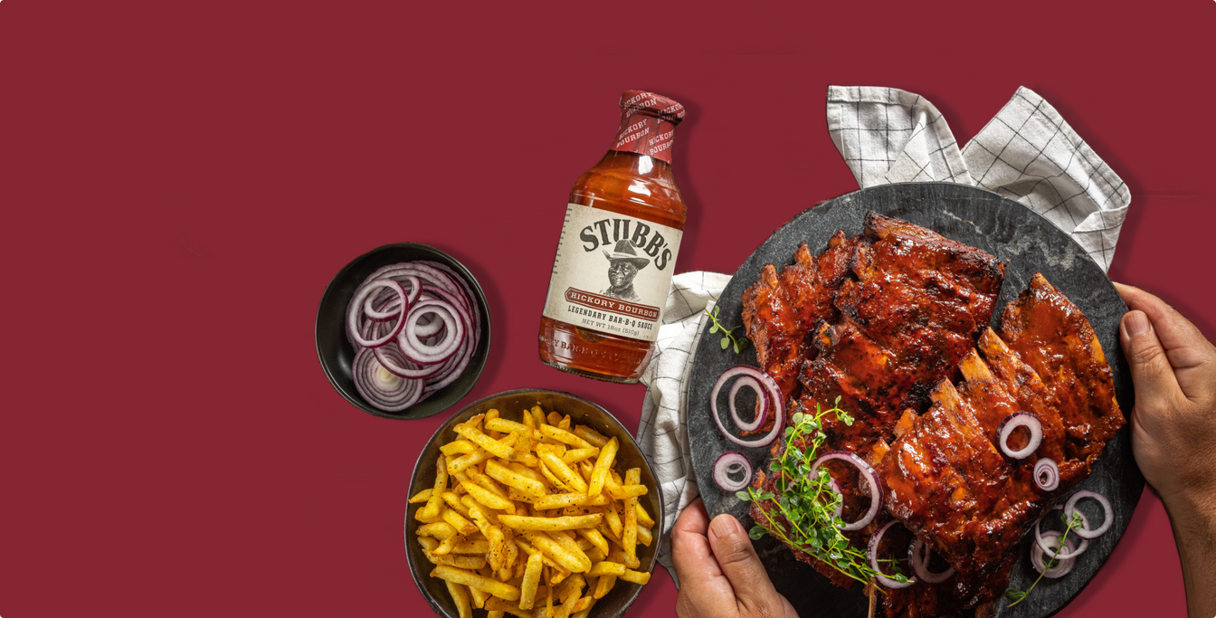 stubbs bottle and food on red background