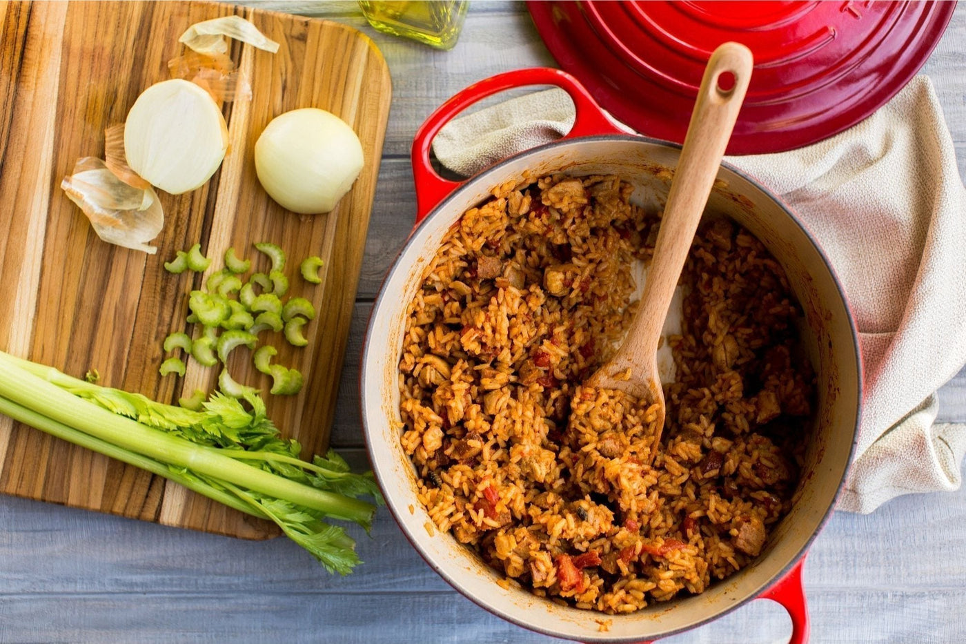 Large pot with seasoned rice and ingredients