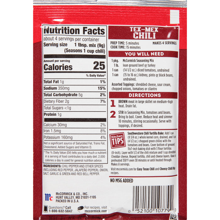 McCormick® Tex-Mex Chili Seasoning Mix, 1.25 oz (6-Pack)