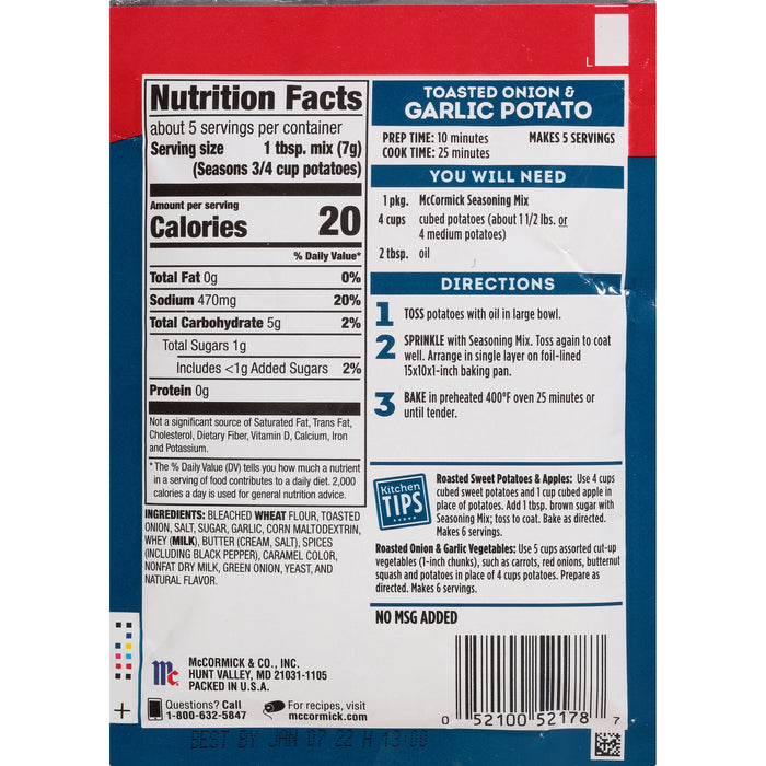 McCormick® Toasted Onion & Garlic Potato Seasoning, 1.25 oz (6-Pack)
