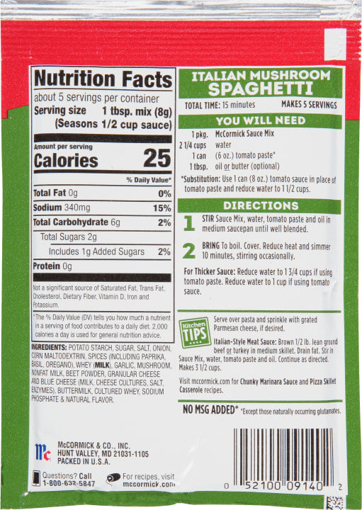 McCormick® Italian Mushroom Spaghetti Sauce Seasoning Mix, 1.5 oz (6-Pack)