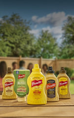 lineup of french's mustards including spicy brown, dill pickle, classic yellow, dijon, and honey mustard