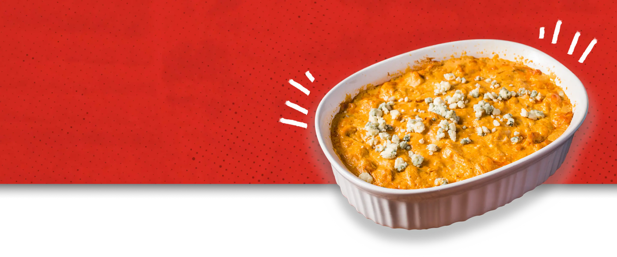 Banner with a casserole dish of Buffalo Chicken Dip