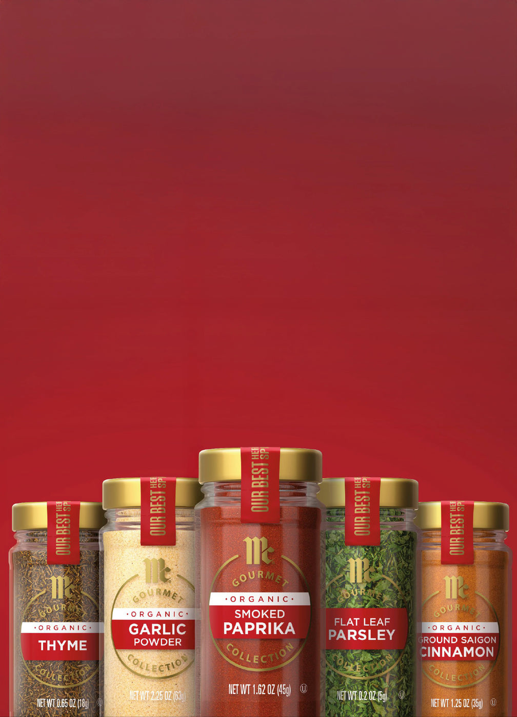 lineup of mccormick gourmet products organic thyme, organic garlic powder, organic smoked paprika, flat leaf parsley, and organic ground saigon cinnamon