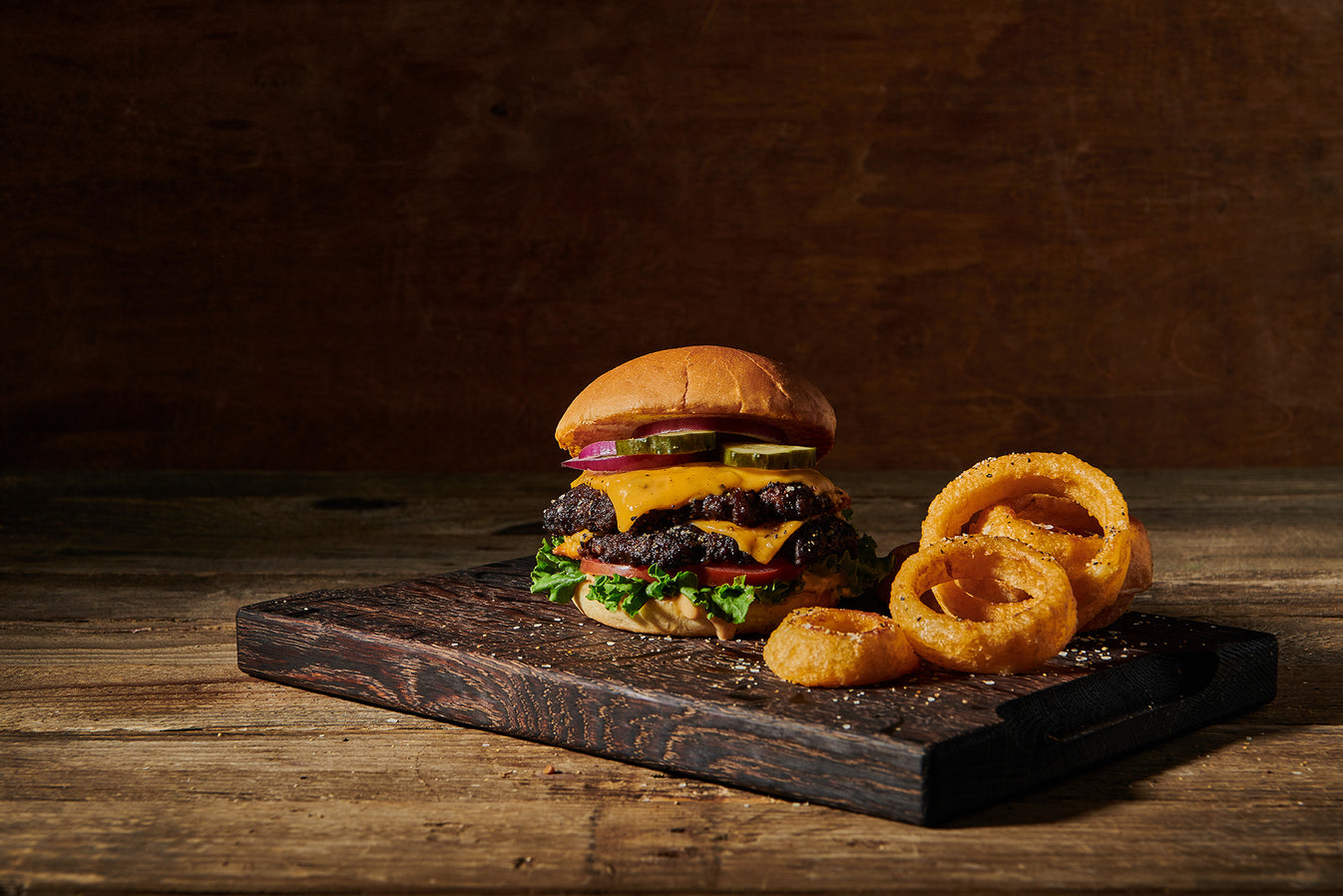 smash burger and onion rings