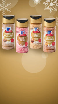 Four bottles of McCormick's Winter Sugars on a gold background with snowflake decorations.