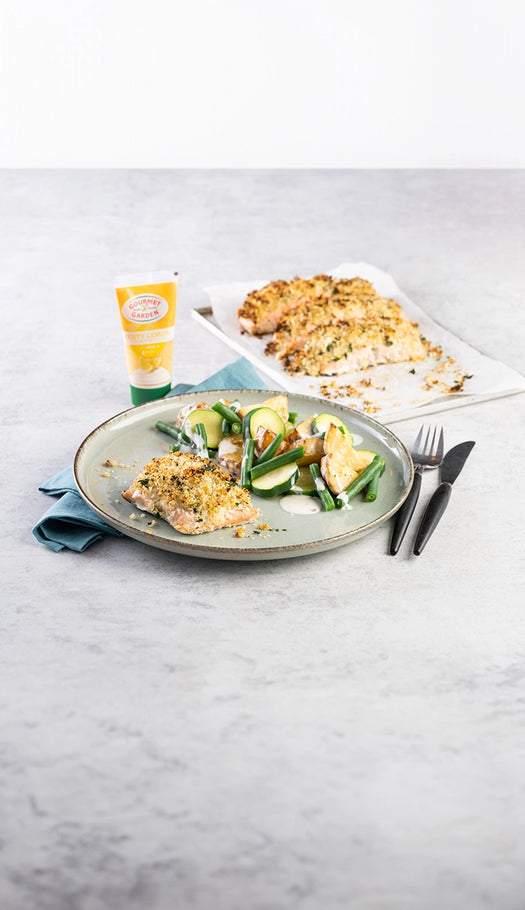 salmon on plate with veggies