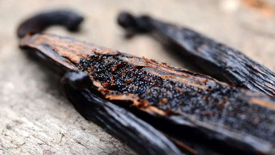 Close-up of a vanilla bean with a rough texture on a wooden surface