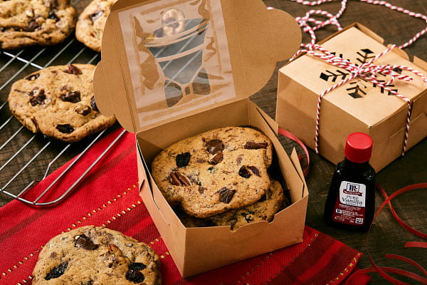 cranberry chocolate pecan air fryer cookies in holiday boxes