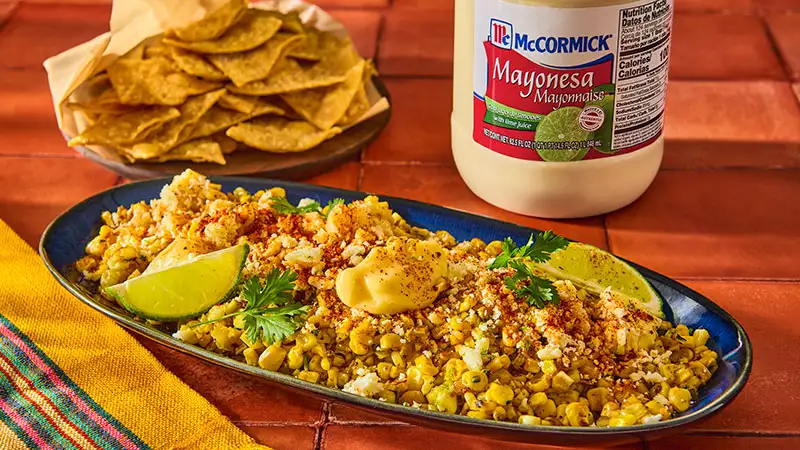 Plate of Esquites made with McCormick Mayonesa