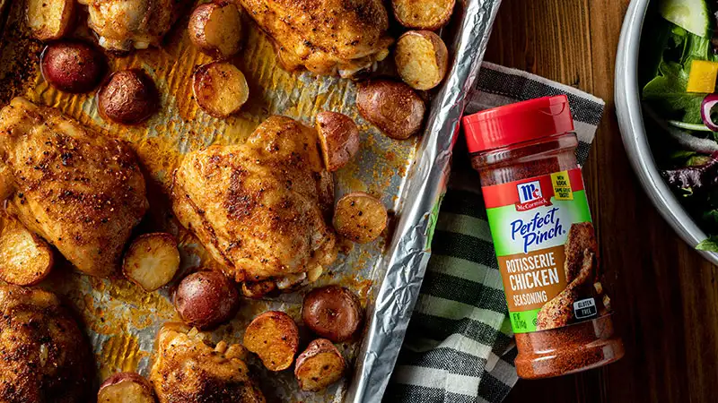 Roasted Chicken and Vegetables using Perfect Pinch Rotisserie Chicken Seasoning
