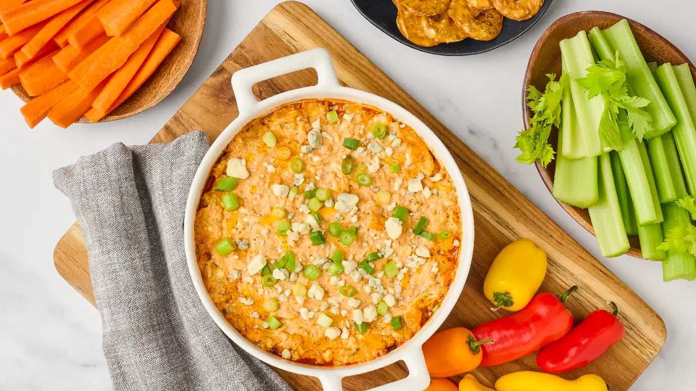 Cottage Cheese Buffalo Chicken Dip with fresh veggies
