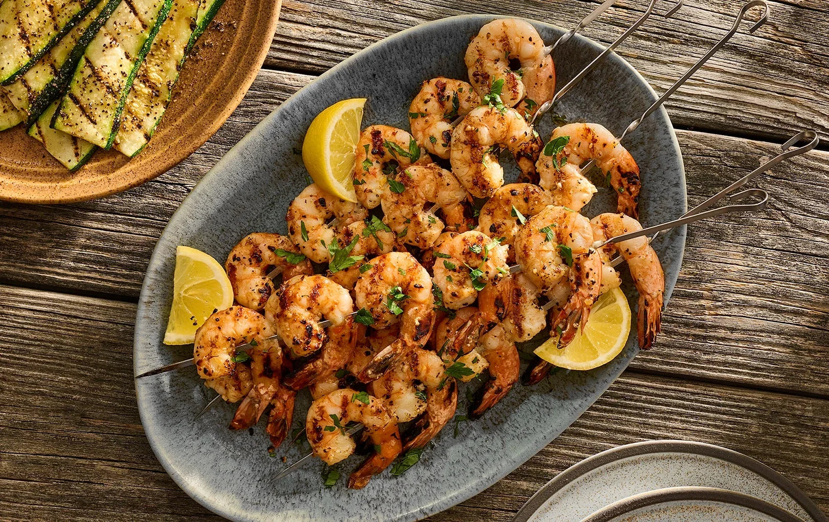 garlic butter grilled shrimp on skewers