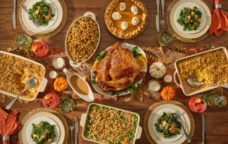 thanksgiving table top spread with all the staples