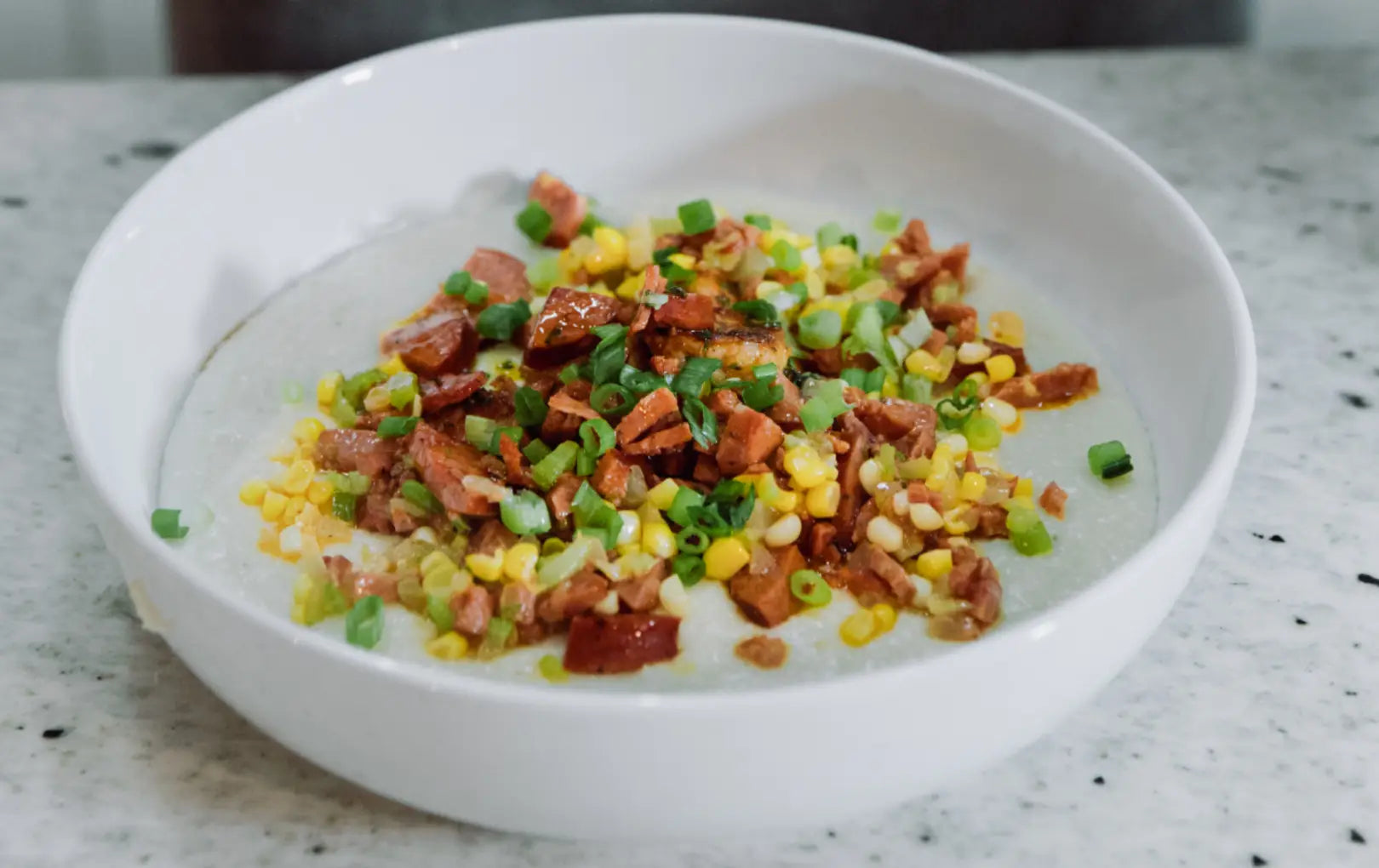 Creamy New Orleans Grits with Smoked Sausage & Fire-Roasted Corn
