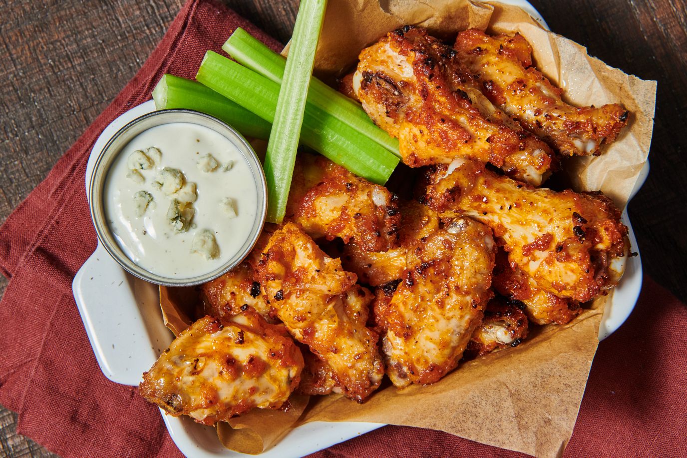 Air Fryer buffalo wings with celery and blue cheese