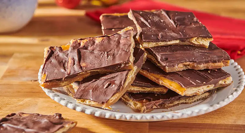 Christmas crack bark on serving plate