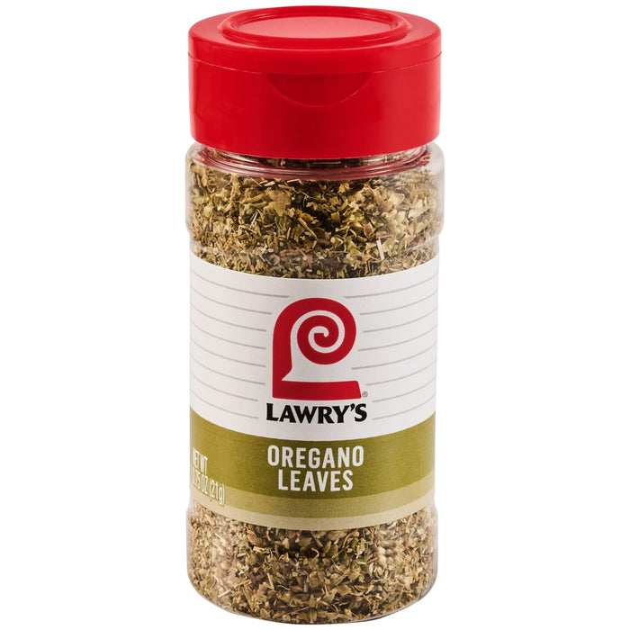 A clear plastic bottle of Lawrys Oregano Seasoning Leaf .75 Oz is shown against a white background, featuring a red cap and a label with the Lawry's logo.
