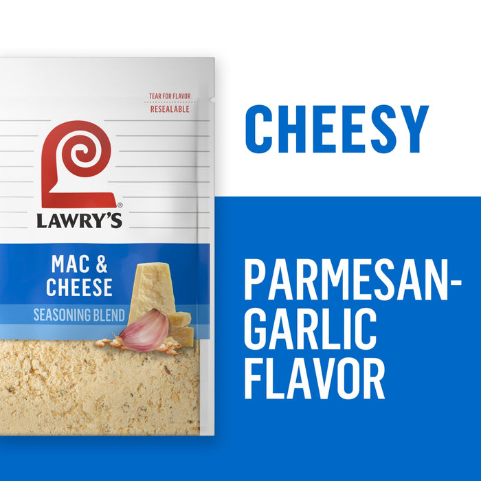 ["A Lawry's seasoning blend packet for Mac &amp; Cheese with Parmesan-Garlic flavor."]