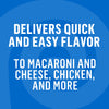 ["White text on a blue background with a swirl pattern reads 'Delivers quick and easy flavor to macaroni and cheese, chicken, and more.'"]