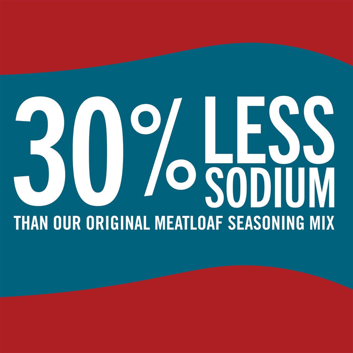 A graphic with white text on a teal background that says 30% Less Sodium than our original meatloaf seasoning mix.