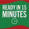 A green and red sign with white text that says Ready in 15 minutes and a clock icon.