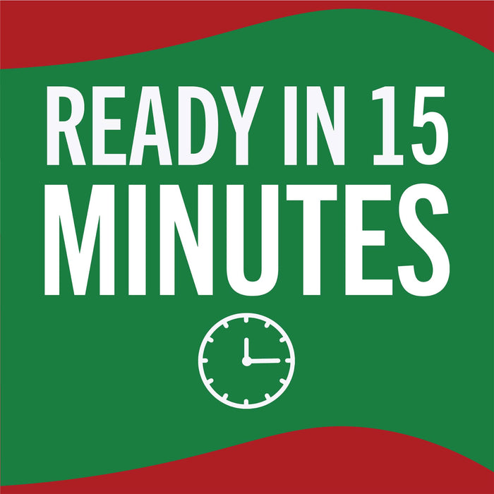 A green and red sign with white text that says Ready in 15 minutes and a clock icon.