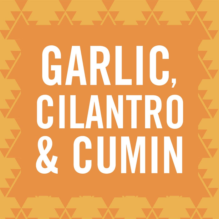 A graphic with a yellow background and white text that reads Garlic, Cilantro &amp; Cumin.